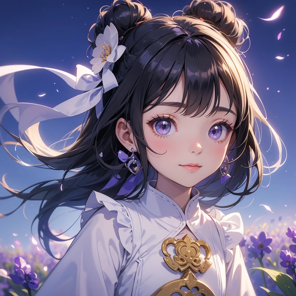 A chibi child girl had a small face and Wearing white little Taoist priest's outfit. A pair of big round eyes shone with curiosity about him. This child was so cute! ,her hair is black with two buns on her hair.small chibi, chibi baby, smiling,The little chibi baby looked up with his chest raised, and his face was old and proud.

Stroll among the purple lavender fields , There are some floating clouds.


