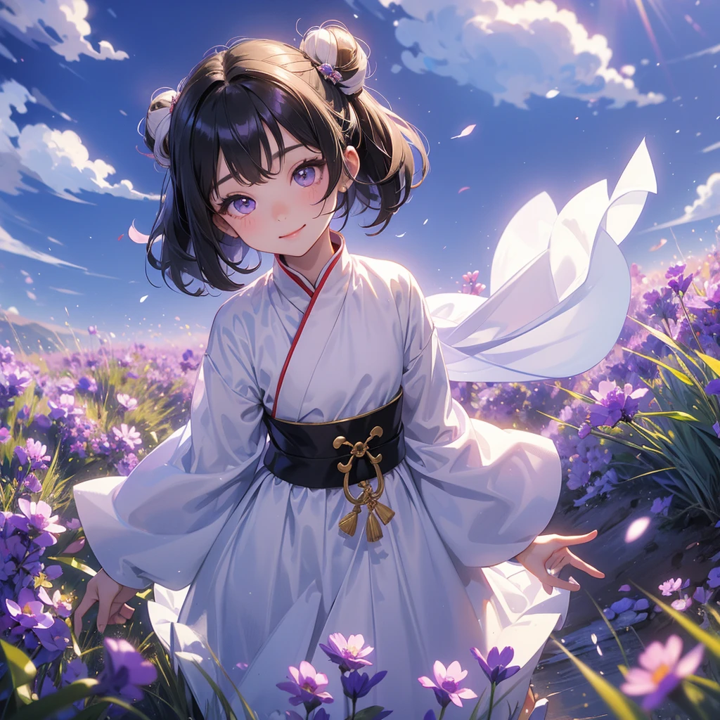 A chibi child girl had a small face and Wearing white little Taoist priest's outfit. A pair of big round eyes shone with curiosity about him. This child was so cute! ,her hair is black with two buns on her hair.small chibi, chibi baby, smiling,The little chibi baby looked up with his chest raised, and his face was old and proud.
Stroll among the purple lavender fields , There are some floating clouds.