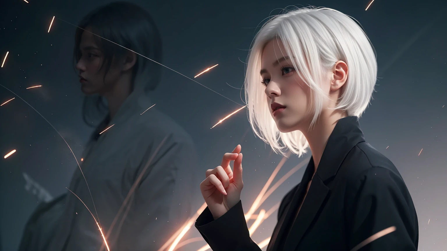 bailing_particles,bailing_lines,The light lines,Particles of light,A girl made of particles,High density of lines in the finger part,(White hair: 0,3),