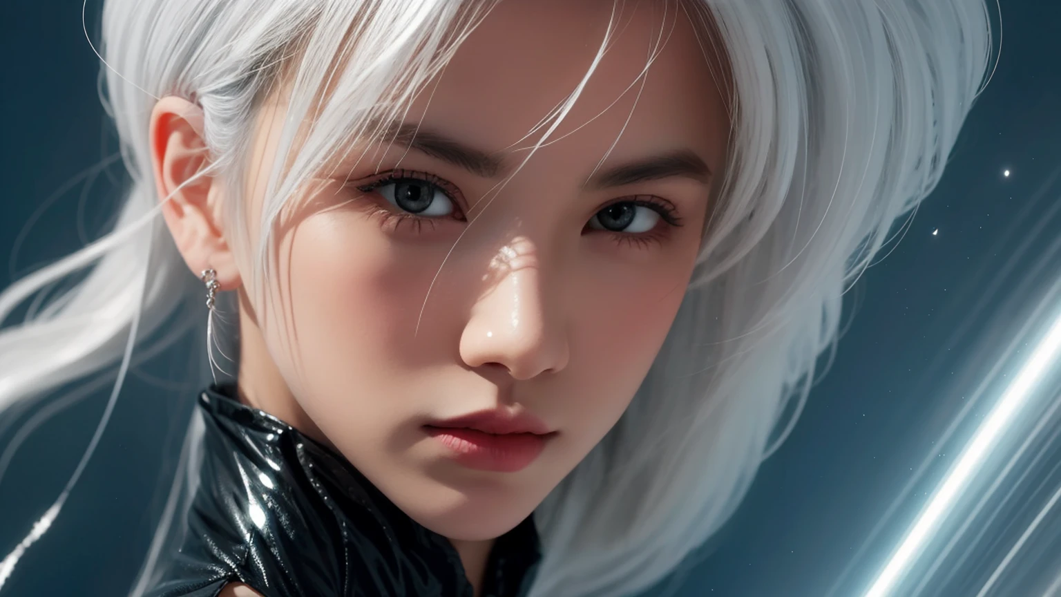 bailing_particles,bailing_lines,The light lines,Particles of light,A girl made of particles,High density of lines in the finger part,(White hair: 0,3),