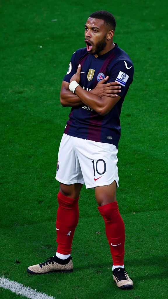 photorealistic, 8k, hyperrealistic, a Mbappe wear PSG jersey, number 10, celebrating his goal, in stadium, arm crossed pose, highly detailed face, intense expression, full body in frame, dramatic lighting, cinematic composition, chiaroscuro, dramatic shadows, photographic realism