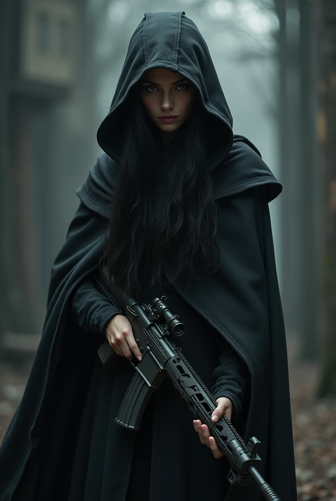gun black long hair hood, solo, Gaze, One girl,