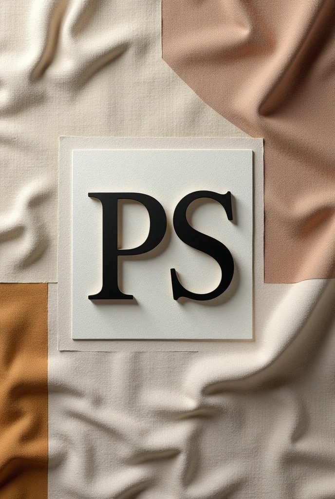 Minimalist PS clothing logo in relief on a fabric patchwork background