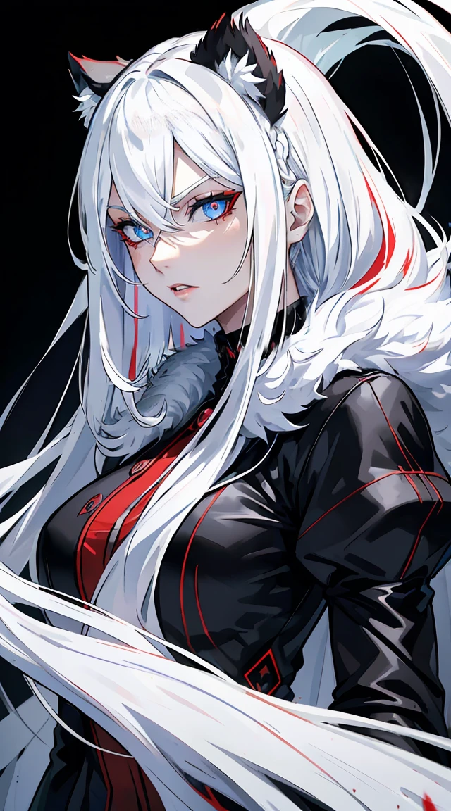 Long white hair, blue eyes, evil, sexy, black and red clothes, evil face, evil, serious look, gloss lips, sinister, front look, bloody, gloves, close up, portrait, beautiful eyes, big white, dark place, night, sensual, straight hair cut, clear skin, evil, young 30 years girl, adult girl, solo, red, very long hair, ankle length hair, handsome older WOMAN,azure-eyes,crimson pupils,Long white hair,Hyperresolution,accuracy,Detailed rendering,(Image of fine hair)(topquality)(Masterpieces of masters)(High degree of completeness)(A sense of atmosphere)tmasterpiece,Super detailed and super detailed(((full-body)))(((white and black fur fight outfit))) (((Soft expression)))(((Fur sleeves)))