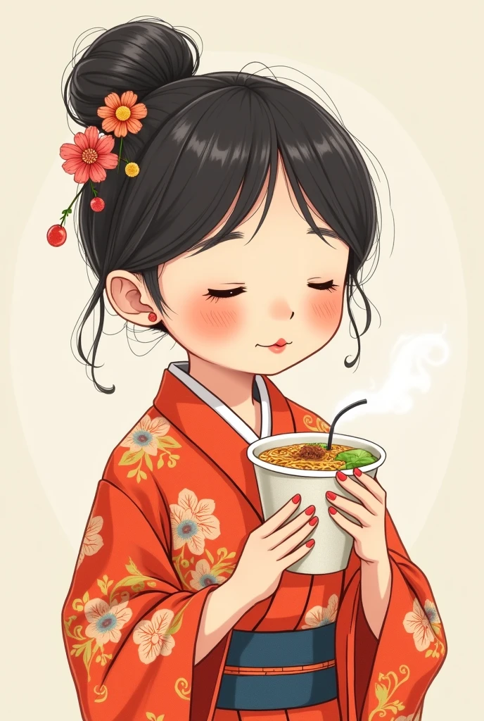 A drawing of a Chinese girl in a Kimono with an instant soup in her hand