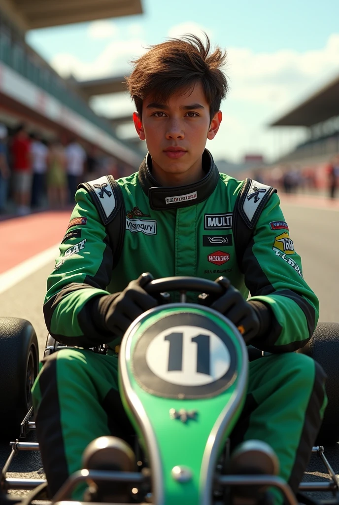 Gokart racer, green and black overall, and sit in the race gokart of the pit and waiting