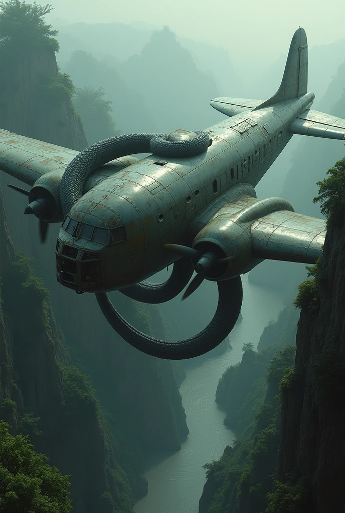make me a picture of an old plane wrapped around a large snake, with a forest, cliffs and river as a background, with a scary and foggy atmosphere