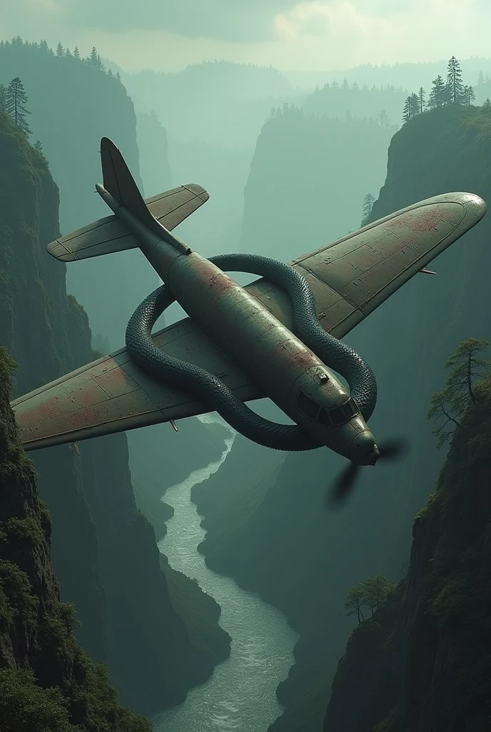 make me a picture of an old plane wrapped around a large snake, with a forest, cliffs and river as a background, with a scary and foggy atmosphere