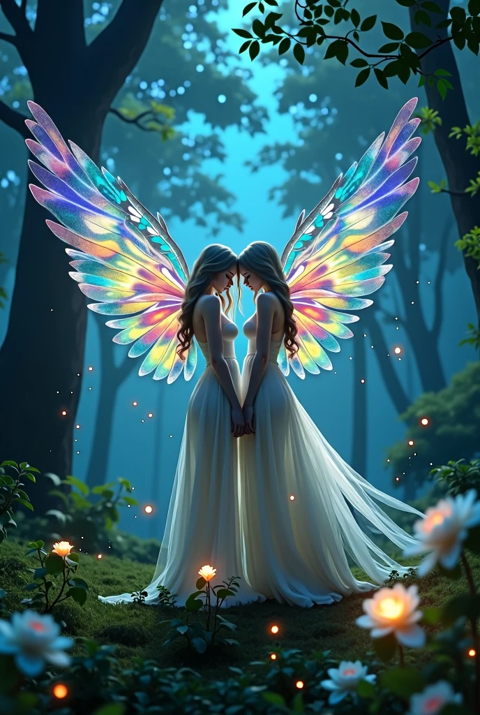 Make bird wings ,Vivid Wings , Beautiful forest background, wearing long dresses, A small bee is drawn on a white rose , A beautiful night forest with tiny light insects dancing 