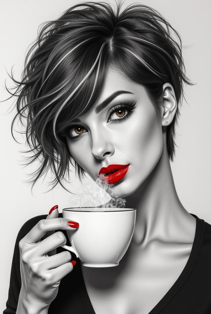 a perfect pencil sketch of a woman, short pixie dark hair with bangs, & white highlights, she's winking, other eye brown, long lush lashes, she's got a coffee mug in one hand with steam rising from it, she's blowing on her hot coffee with ultra-bright red lips, wearing a big turtle-necked sweater, ultra-bright red fingernails, other hand up by her face, grey muted bg