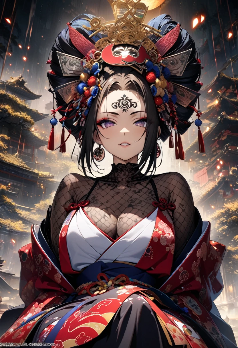 Ink painting, (((1 girl))), (((Tattoo in the middle of the forehead))),(((In the background is the Akatsuki moon))), (((Oiran))), (((Japanese Hanafuda Card Earrings))), (((Great hair accessories))), Demon possession, ((Masterpiece:1.2)), ((Highest quality)), (((The whole body is covered with jewelry and veiled))), (Masterpiece, Top quality, Best quality, Official art, Beautiful and aesthetic:1.2), (1girl), Very detailed,(Fractal art:1.3),Colorful,Top detailed