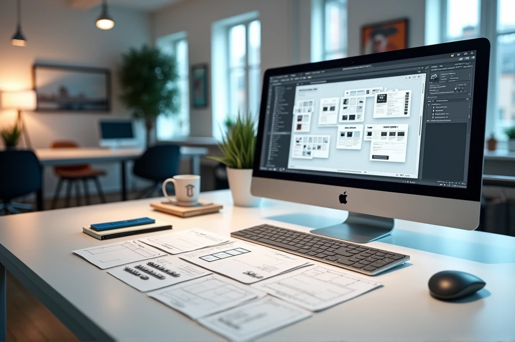 A table with wireframe sketches of screens by a UXer Designer and a DELL computer with a prototype being made on the screen. Do not place people in the image. High resolution image, 4k. -variation -