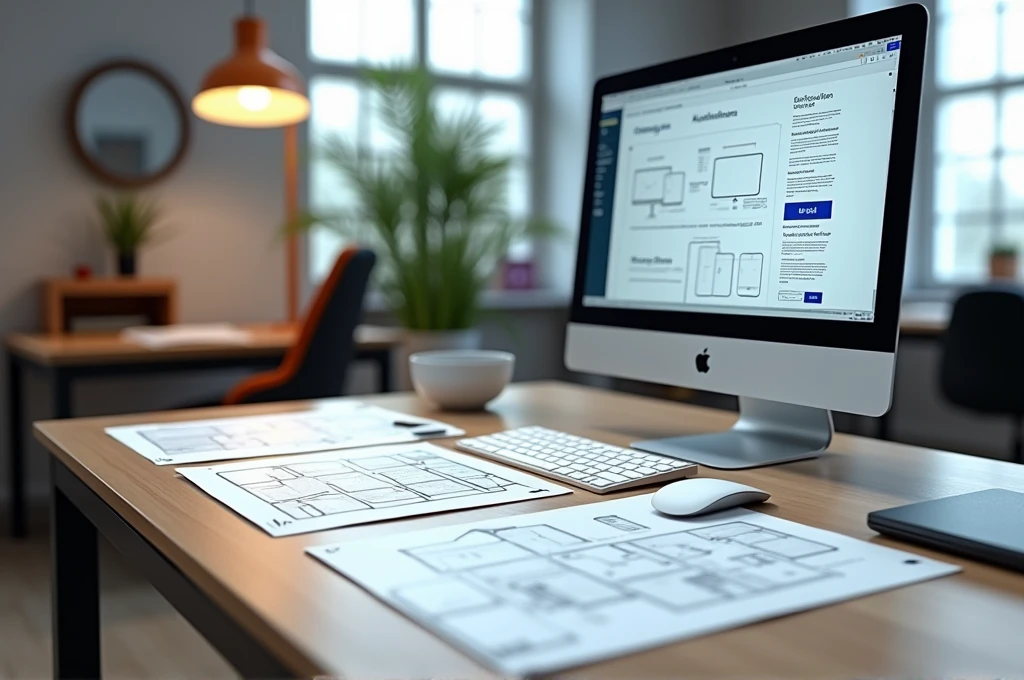 A table with wireframe sketches of screens by a UXer Designer and a DELL computer with a prototype being made on the screen. Do not place people in the image. High resolution image, 4k.    -variation -