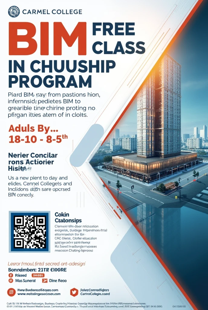 Create a image of " building information modeling " internship poster ( containg
Ventue at Carmel college
, Free class ,
Time 10am to 5 pm )