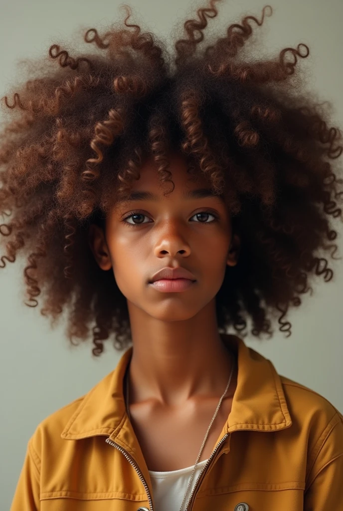 ager with long curly brown afro hair, short brown eyes