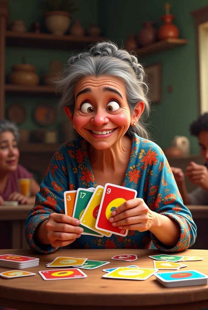 Countrywoman Jacinta( a character from a Peruvian comedy series ) playing the UNO card game