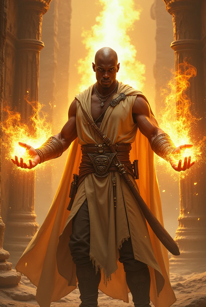 create a character from a game , His name is Rafael Darkbane, he has solar manipulation powers, he can generate explosions of light and heat. , He is dark-skinned and his clothes are all beige.