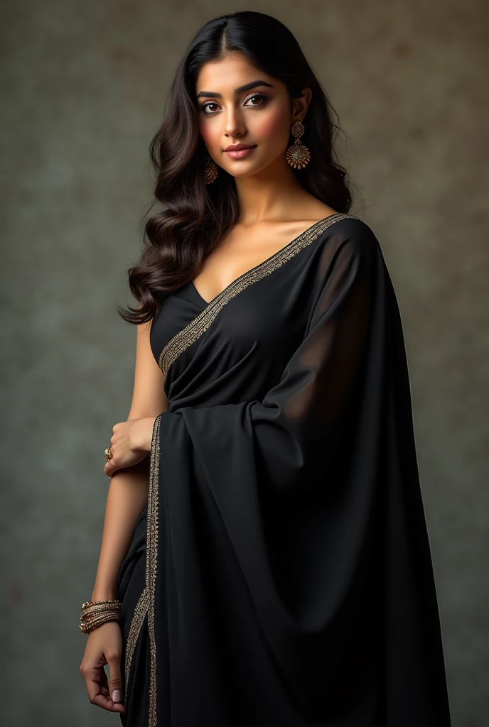 A girl  in black saree showing boobs
