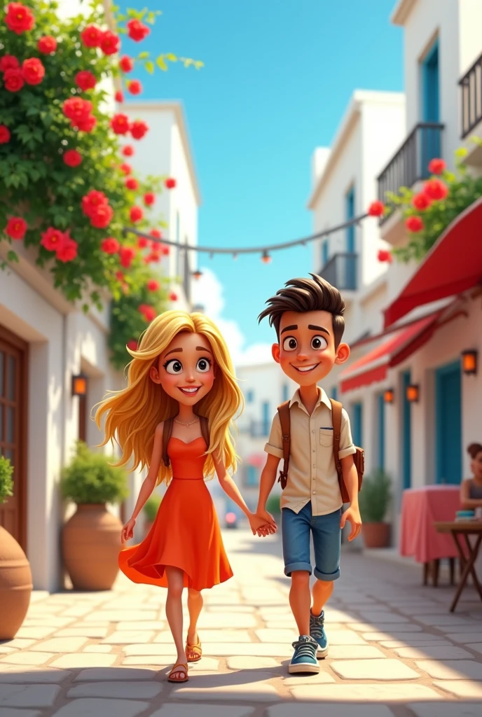 A blonde 2 woman with long hair and a 2 man with super short hair hanging out in the streets of Greece, cartoon style.