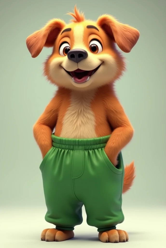 Brown dog wearing green pants
