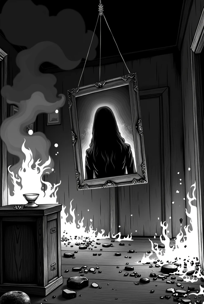 Burning room with hanging photo, 4k, manga style, black and white