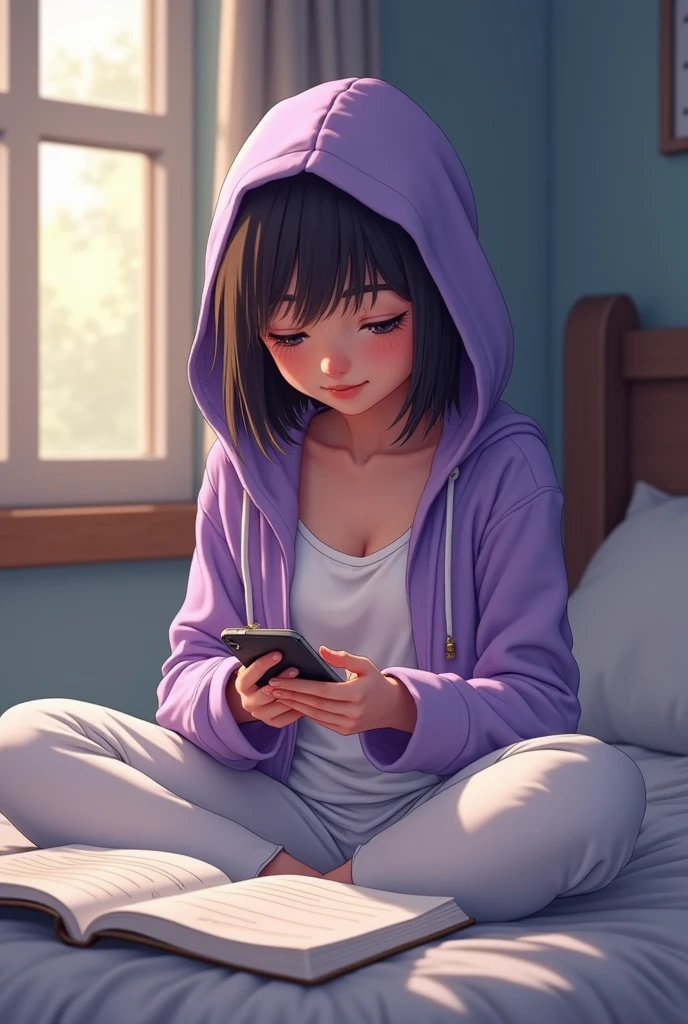 A girl wearing white pajamas and lavendar jacket with hoodie covering her head, studying for exam sitting in bed, but looking at mobile
