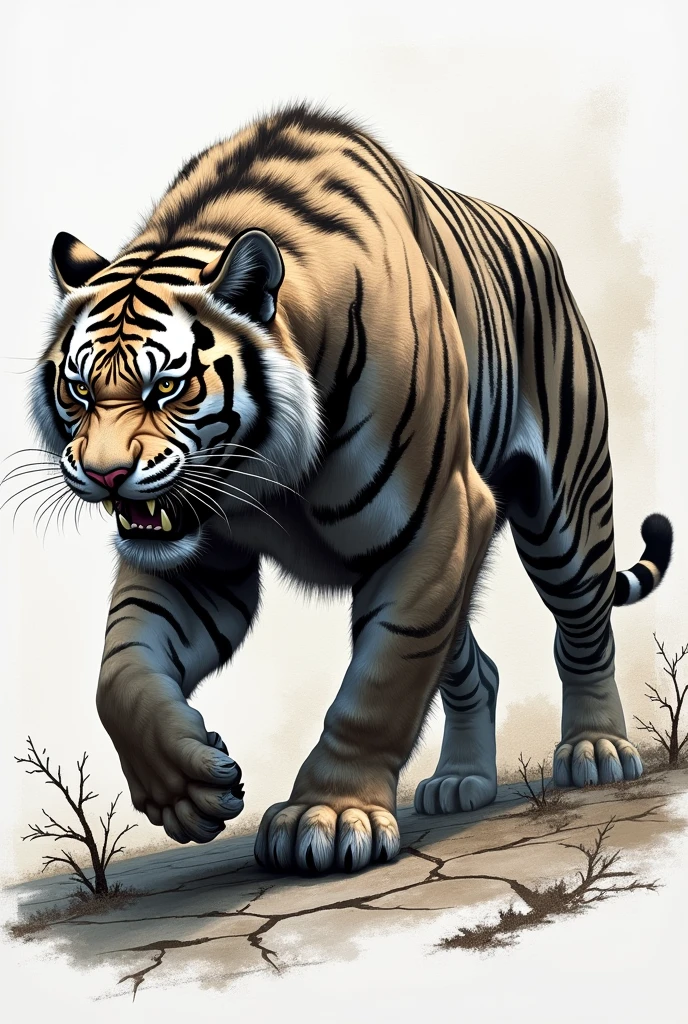 Cracked aggressive tiger drawing