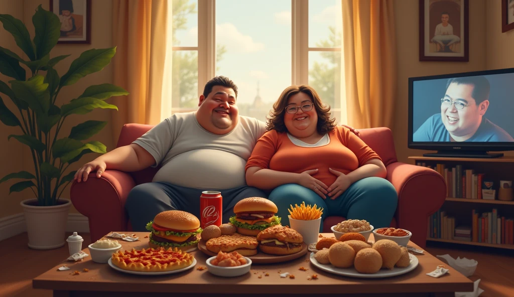 A couple of real fat people sitting on a couch, surrounded by fast food packaging and unhealthy foods, like hamburgers, Chips, Soft drinks, pizzas and sweets. The couple is laughing and looking happy while watching a TV show. The room is cozy, with a coffee table full of more food and a television in the background showing a comedy show. The lighting is soft, creating a relaxing and comfortable environment