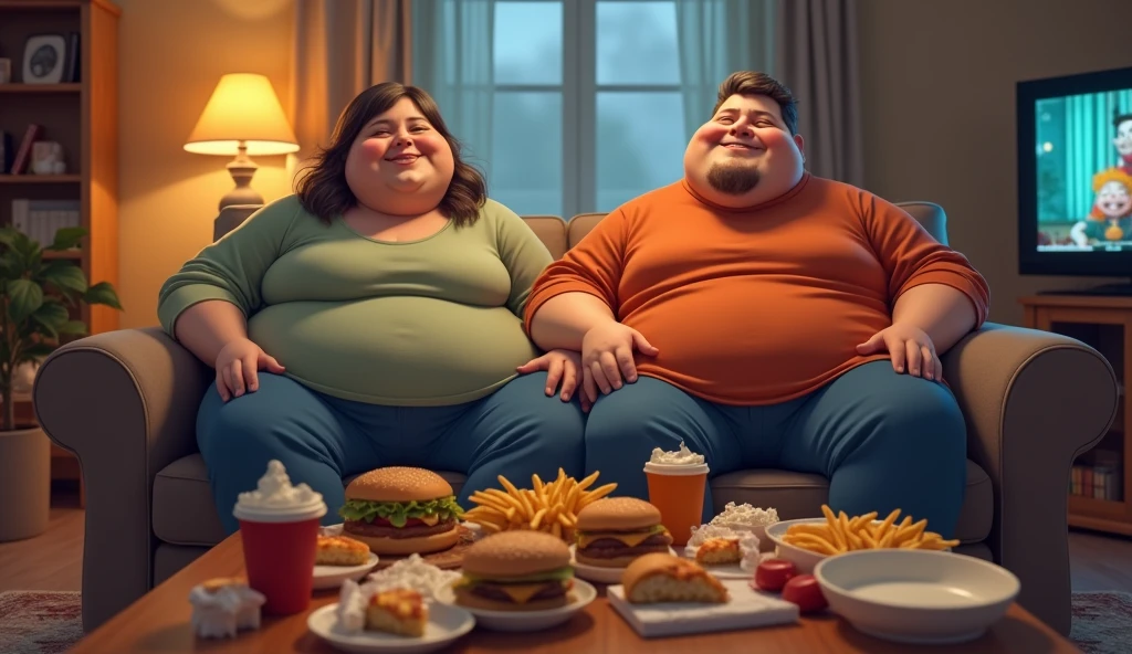 A couple of real fat people sitting on a couch, surrounded by fast food packaging and unhealthy foods, like hamburgers, Chips, Soft drinks, pizzas and sweets. The couple is laughing and looking happy while watching a TV show. The room is cozy, with a coffee table full of more food and a television in the background showing a comedy show. The lighting is soft, creating a relaxing and comfortable environment