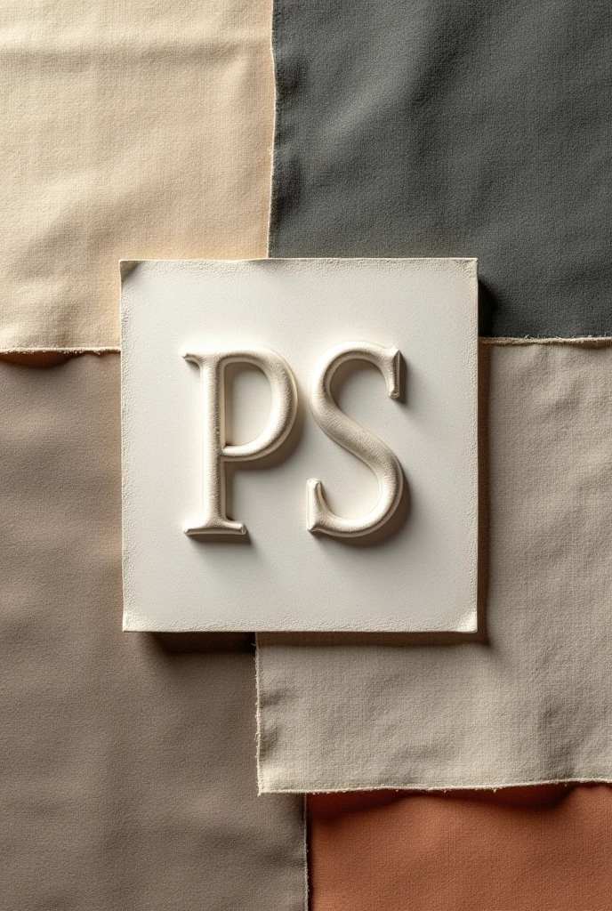 Minimalist PS clothing logo in relief on a fabric patchwork background