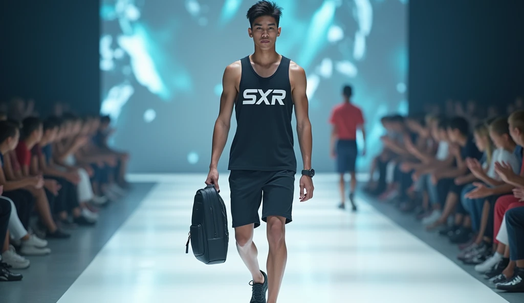 a sportwear fashion handsome 18 yrs. old, k pop Asian male model, runway show full body holding sports bag pack, tank top casual wear style, SXR logo design, ultra-detailed, film photography, light leaks, trending on sportwear, sharp focus, studio photo, futuristic detail please remember the following text:

"A sportswear fashionable 1 K-pop Asian male model walking the runway, carrying a sports backpack, wearing a casual tank top featuring the SXR logo design. The photo is ultra-detailed, shot using film photography with light leaks. The style is currently trending in sportswear, with sharp focus and futuristic details, captured in a studio setting." ls, highly detailed