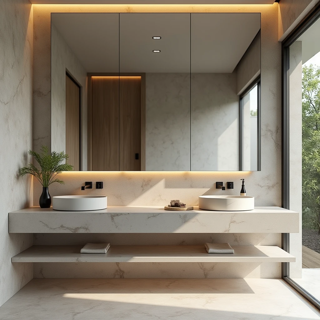 Interior design , couple's bathroom , high standard , suspended glass , stone countertop , and minimalist in northeastern Brazil , ultra realisitic , ultra-realistic render , 4 K ,