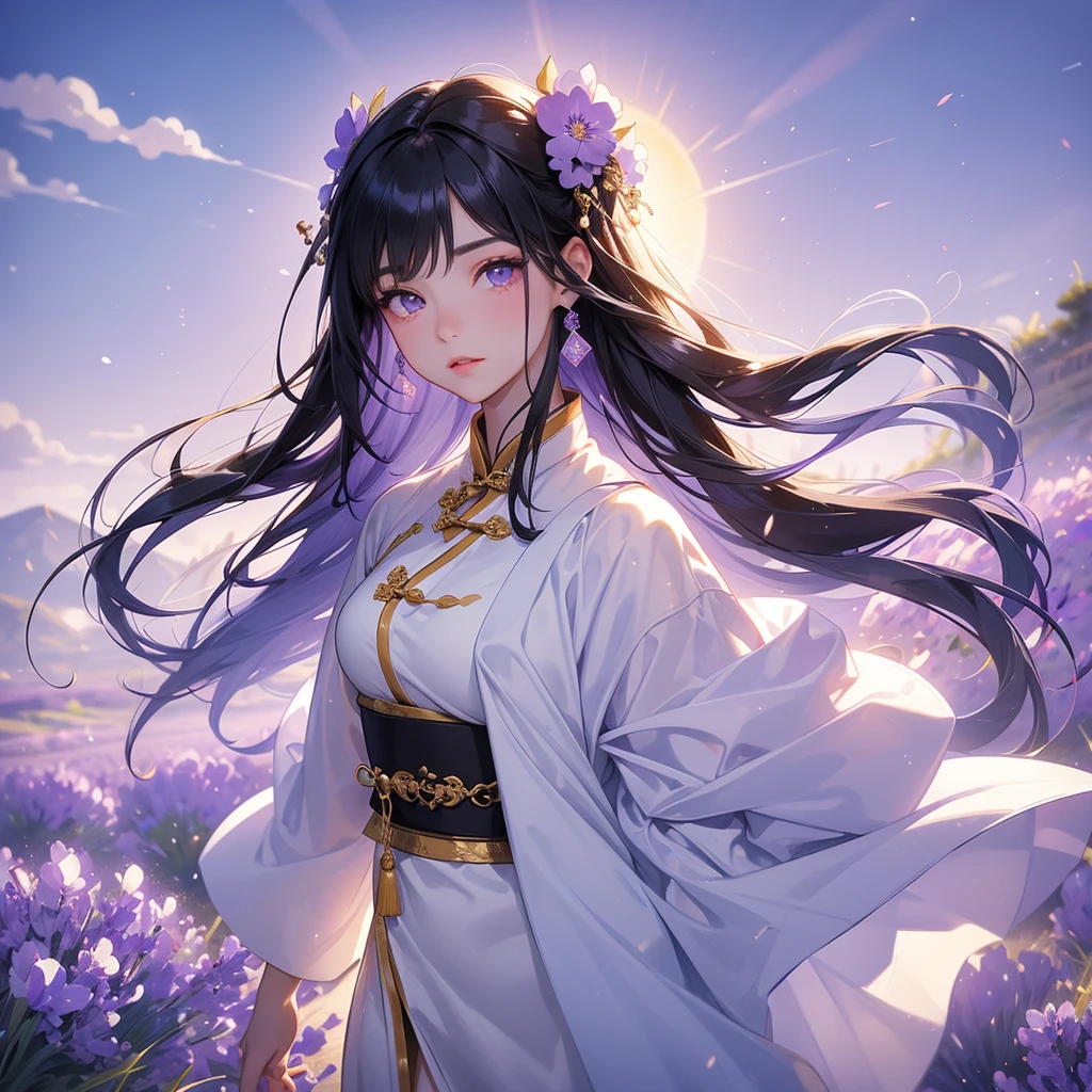 A beautiful girl with black long hair, wear white ancient chinese clothes, Stroll among the purple lavender fields , There are some floating clouds,, with the sun shining on her face, close up.
