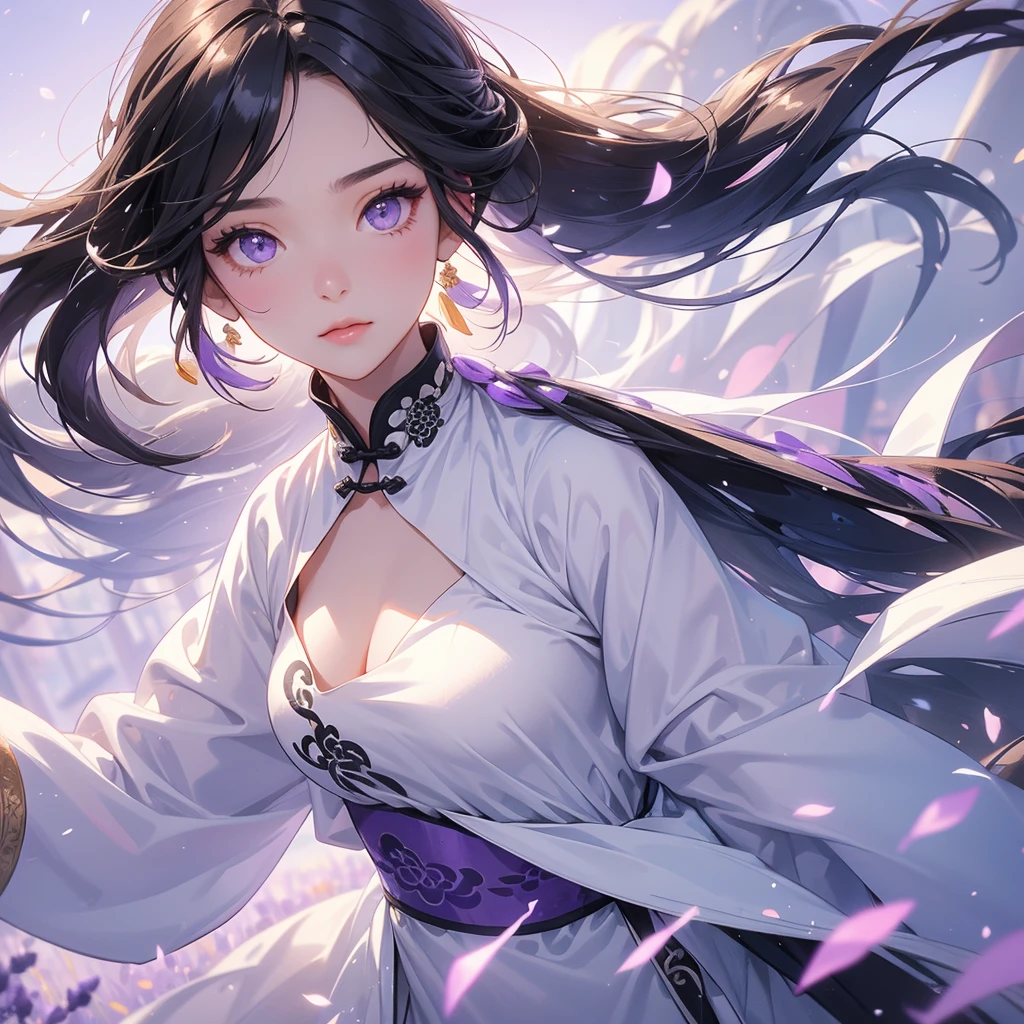 A beautiful girl with black long hair, wear white ancient chinese clothes, Stroll among the purple lavender fields , There are some floating clouds,, with the sun shining on her face, close up.