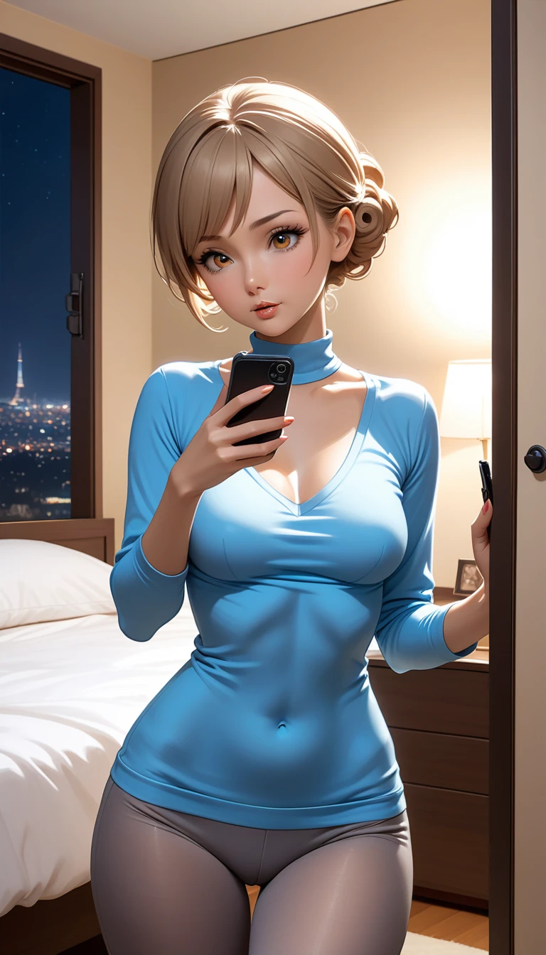 Beautiful 47y old woman with short undercut curly dark blonde hair, tied up hair, with brown eyes wearing ((Tight Grey Leggings), ((Sexy Mock Neck Mid Sleeves Light Blue Shirt)), standing in her bedroom at night, holding her cellphone, (mid-tanned skin), (light brown lipstick), (elegant mascara), (slim body), (small breasts), (wide hips), midjourney, <lora:GoodHands-, <lora:GoodLegs-, UHD, high resolution, (expressive eyes, perfect face, full body, expressive face, perfect body, perfect pussy, athletic, fit, slim body, blushing, Perfect makeup, eyeliner, beautiful eyelashes, smiling, horny face), ((best illumination, best shadows)), ((sexy pose)), score_9_up, score_8_up, score_7_up