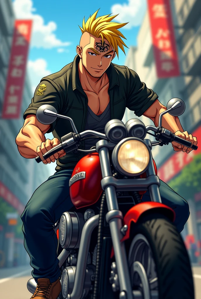 Ken Ryuguji on a motorcycle. super handsome man, high, Strong, rubio, with braid. Tattooed on the head a dragon. muscular. Tokyo revengers. Yellow hair. Young boy. Charismatic and smiling. Good friend. very handsome.