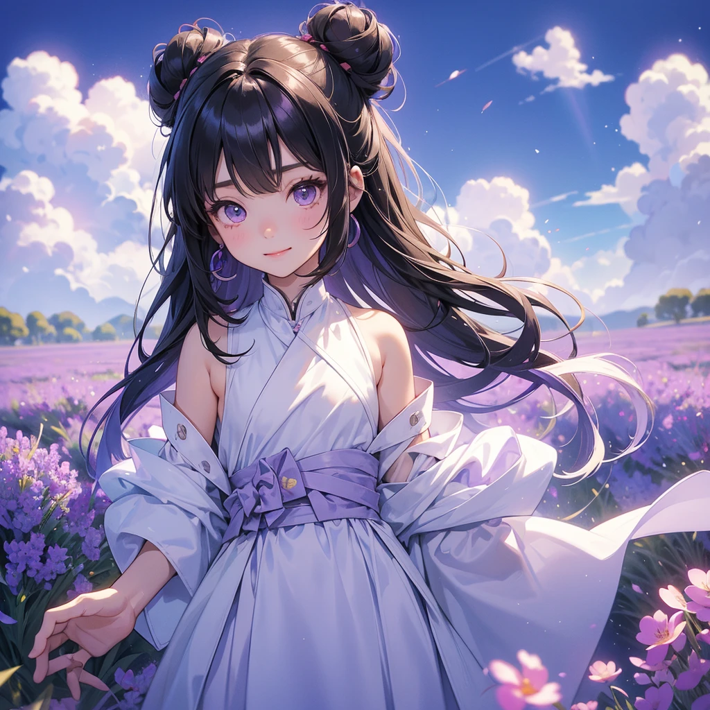 A chibi child girl had a small face and Wearing white little Taoist priest's outfit. A pair of big round eyes shone with curiosity about him. This child was so cute! ,her hair is black with two buns on her hair.small chibi, chibi baby, smiling,The little chibi baby looked up with his chest raised, and his face was old and proud.
Stroll among the purple lavender fields , There are some floating clouds.