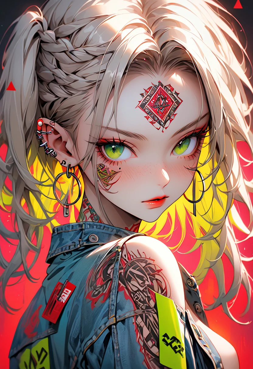 A highly detailed, hyper-realistic portrait painting of a young woman sexy decote Sensual si nude with vibrant crimson yellow neon hair styled in an elaborate high pink and two long braided pigtails. The hair features intricate braids and is adorned with various accessories including paper clips, tags, small yellow rectangular labels, and a prominent brown card with 'UNS' written in white bold letters. The woman's face is covered in elaborate tattoos with intricate designs including swirls, leaves, geometric patterns, triangles, and symbols like hearts and anchors. She has striking green eyes accentuated with heavy eyeliner and mascara, thick, well-defined eyebrows, and full lips with a glossy brown hue. Her skin is light beige with numerous small freckles scattered across her cheeks, nose, and forehead. The woman wears large hoop earrings on both ears, with one ear featuring multiple gauges. She's dressed in a denim jacket with various colorful patches, including a prominent yellow patch with frayed edges and the text 'ADD ROO' in red bold letters, over a turquoise shirt decote Sensual sexy semi nude. The jacket features intricate tattoo-like designs, with the word 'CH' visible on the left shoulder. The background is plain light gray, ensuring all focus remains on the subject's detailed features and vibrant appearance. The lighting is soft and even, highlighting the textures and colors of the tattoos, hair, and accessories, while creating a balanced exposure that brings out the intense colors and intricate details of this modern, edgy, and artistic portrait.swxy decote Sensual semi nud