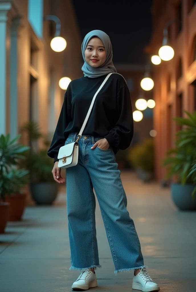 1girl, Solo, High Resolution, Masterpiece, Textured Skin, white skinned, young women, 20 years old, hijab, a beautiful young asian woman in a black shirt, light blue jeans, and white sneakers, wearing a grey hijab and a white crossbody bag, standing confidently on a concrete patio at night, looking at the camera with a slight smile, [fashion photography, street style], [David LaChapelle], [night lighting, soft focus, warm tones, slight grain, slight blur in the background]