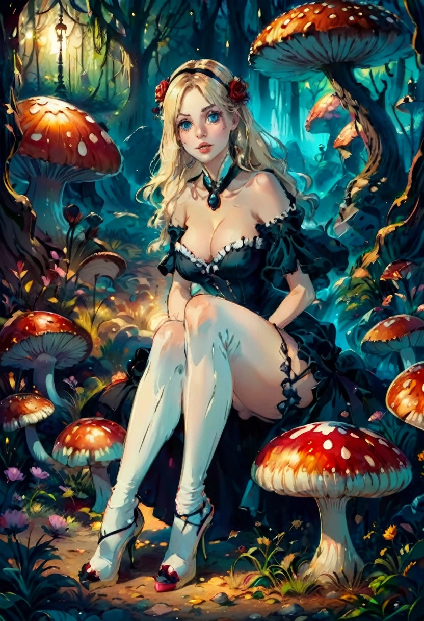 A dark gothic Alice in Wonderland, a beautiful 20 year old blonde woman with big messy hair in a tattered sheer black dress, white stripe stockings, black headband, cleavage, holding a glowing mushroom, sitting on a giant mushroom, dark fantasy art style, cartoon vibrant, detailed digital art, glossy digital painting.