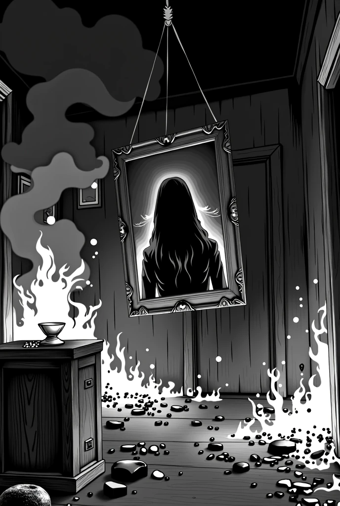 Burning room with hanging photo, 4k, manga style, black and white