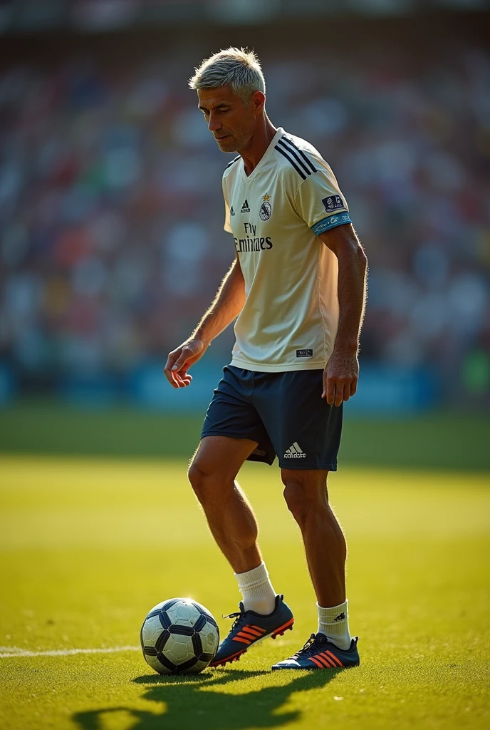 A captivating and impressive photograph of Cristiano Ronaldo but at 80 years of age. He has gray hair, wrinkles on his skin, he is on a soccer field, walking while kicking a soccer ball.