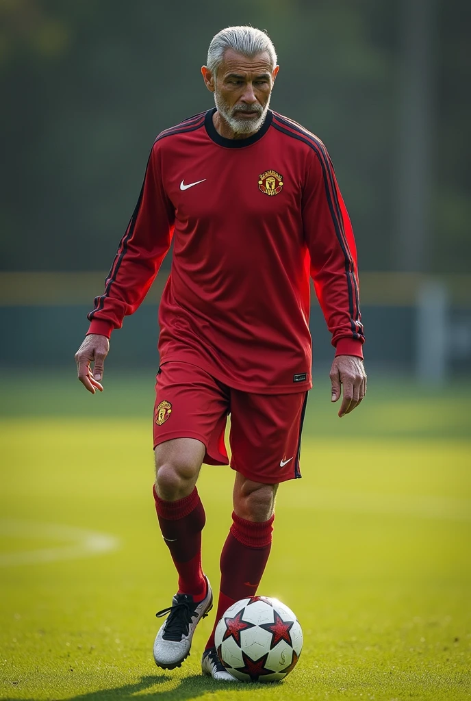 A captivating and impressive photograph of Cristiano Ronaldo but at 80 years of age. He has gray hair, wrinkles on his skin, he is on a soccer field, walking while kicking a soccer ball.