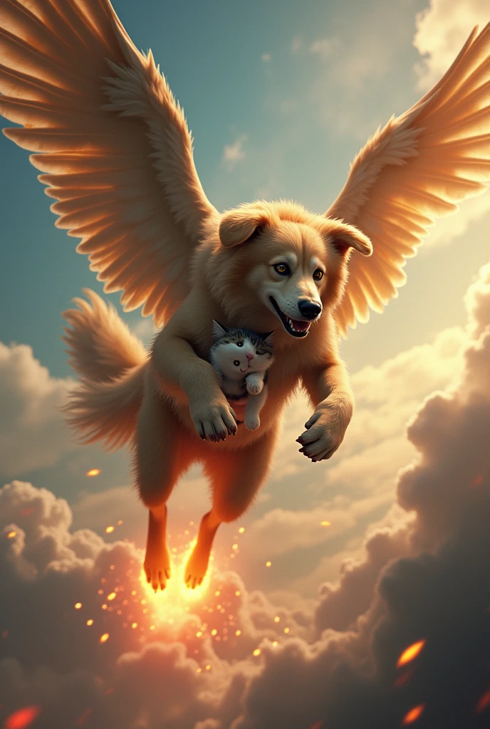 creates a flying dog saving a lady with a cat in his hand and with his feet on fire