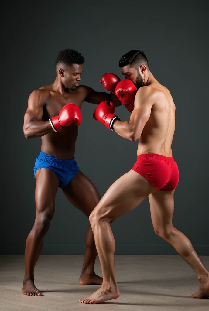 Black guy in a blue thong pose a destroys a white and beautiful guy wearing red thong in a boxing fight on the floor