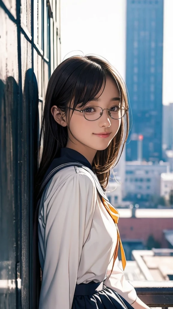 Post-Impressionism (One girl, Black Sailor Suit, skirt), (Blonde), Leaning on the railing, Big smile, Half Body Shot, Sharp focus, Beautiful  high school lighting, A kind smile, Wear one pair of glasses, ((noon)), Bokeh, School rooftop, Beautiful Face, 24mm lens, fuji provia  School rooftop cool girl  heibaidiao, silhouette, Light and shadow, Painted Poster Film Overlay, Film Grain, Image Border