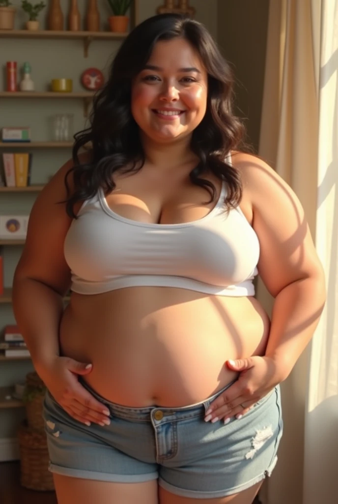 A super chubby girl wearing croptop show her belly, big round navel 