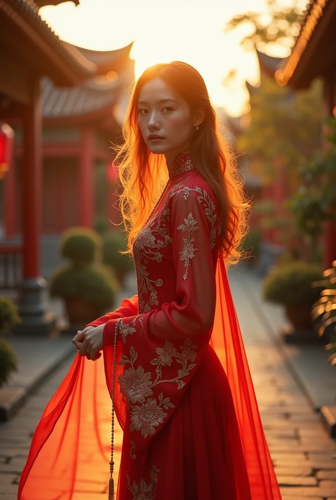 A beautiful red head European girl with traditional Chinese dress in china , cinematic, golden hour, a little bit blurry for the background, standing , 4k