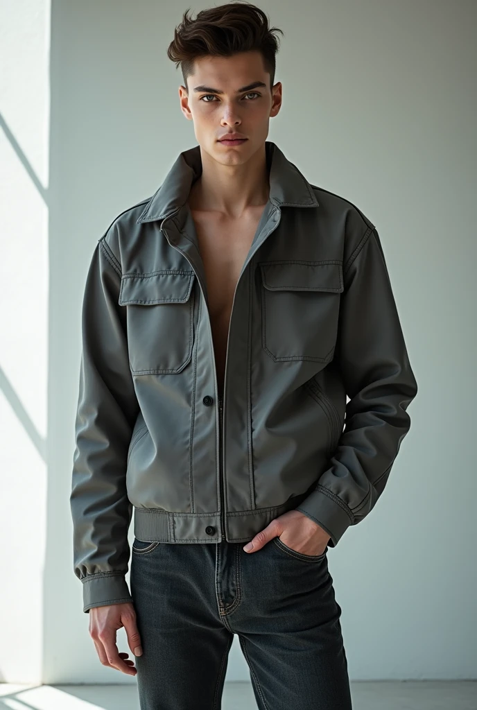 arafed man in a gray jacket and jeans posing for a picture, margiela campaign, vman magazine, baggy jeans, zac retz, rick owens, official valentino editorial, thin young male, androgynous male, timothee chalamet, official jil sander editorial, androgynous, editorial model, androgyny, araki big muscles big breasts, big pecs
