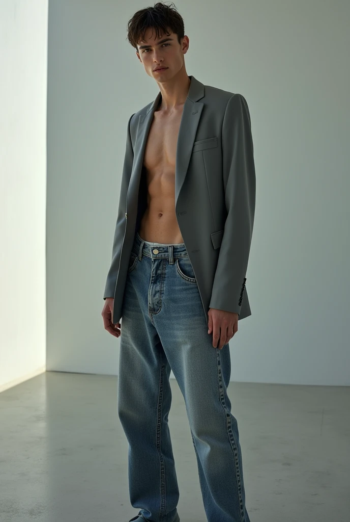 arafed man in a gray jacket and jeans posing for a picture, margiela campaign, vman magazine, baggy jeans, zac retz, rick owens, official valentino editorial, thin young male, androgynous male, timothee chalamet, official jil sander editorial, androgynous, editorial model, androgyny, araki big muscles big breasts, big pecs